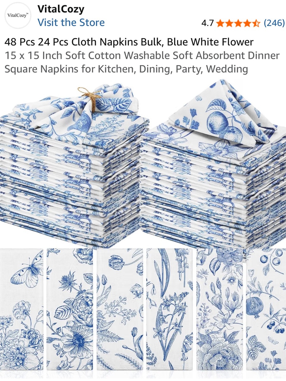 French Toile Floral Cotton Napkins (24 pack)
